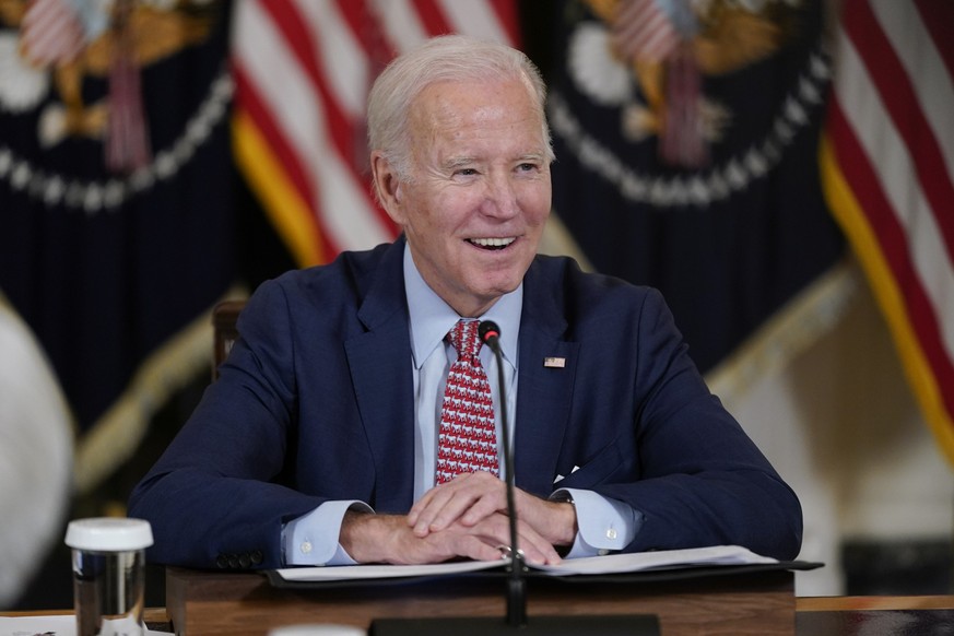 President Joe Biden speaks during a meeting with the President&#039;s Council of Advisors on Science and Technology in the State Dining Room of the White House, Tuesday, April 4, 2023, in Washington.  ...