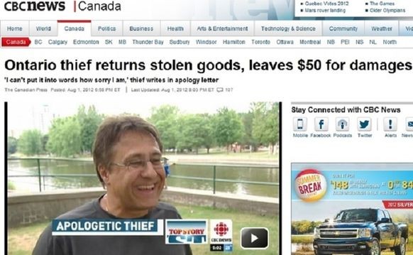 "Dieb bringt seine gestohlenen Sachen zurück, plus 50 Dollar für die verursachten Schäden."