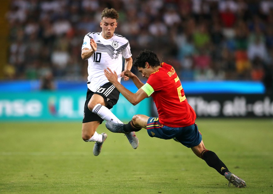 Spain U21, U 21 v Germany U21 - UEFA European Under-21 Championship - Final - Stadio Friuli Spain U21 s Jesus Vallejo (right) tackles Germany U21 s Luca Waldschmidt, resulting in a yellow card Editori ...