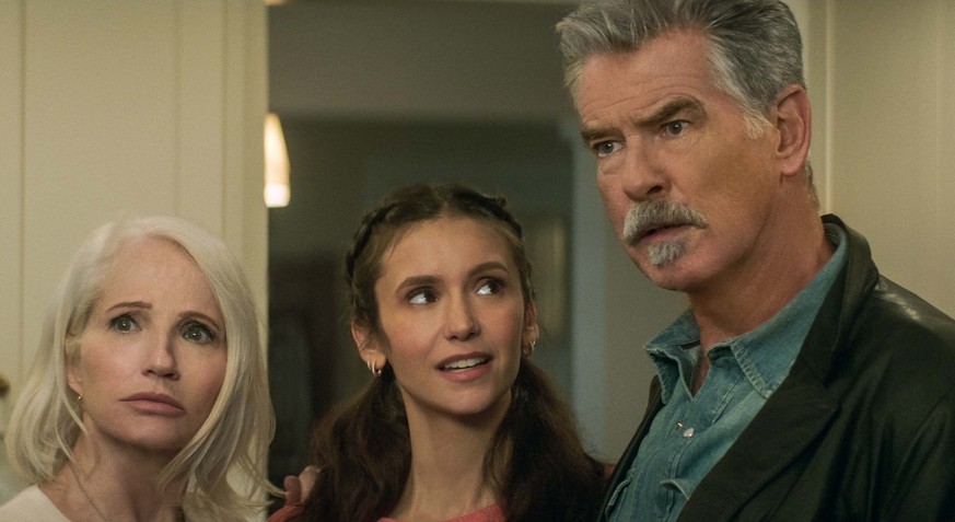 The Out-Laws. (L to R) Adam DeVine as Owen Browning, Ellen Barkin as Lilly McDermott, Nina Dobrev as Parker McDermott, Pierce Brosnan as Billy McDermott in The Out-Laws. Courtesy of Netflix © 2023.