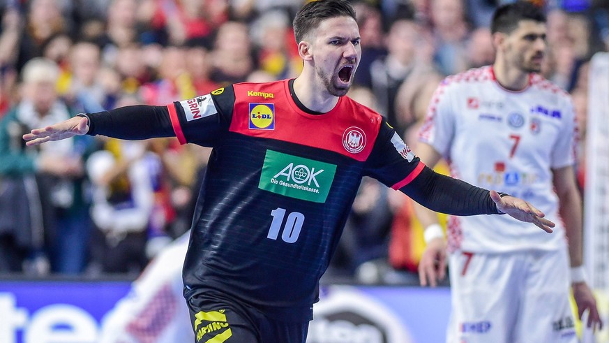 Koeln, Deutschland, 21.01.2019, IHF Handball WM 2019, Hauptrunde, Kroatien - Deutschland, Fabian Wiede (GER) jubelt, Torjubel nach seinem treffer ( DeFodi520 *** Koeln Germany 21 01 2019 IHF Handball  ...