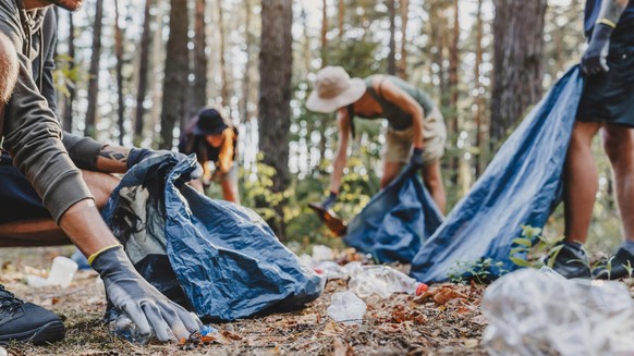 Mit einem ausgeweiteten Pfandsystem könnte es seltener dazu kommen: Junge Freiwillige sammeln leere Plastikflaschen im Wald. (Symbolbild)