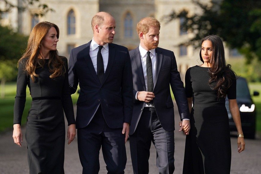 WINDSOR, ENGLAND - SEPTEMBER 10: Catherine, Princess of Wales, Prince William, Prince of Wales, Prince Harry, Duke of Sussex, and Meghan, Duchess of Sussex on the long Walk at Windsor Castle on Septem ...