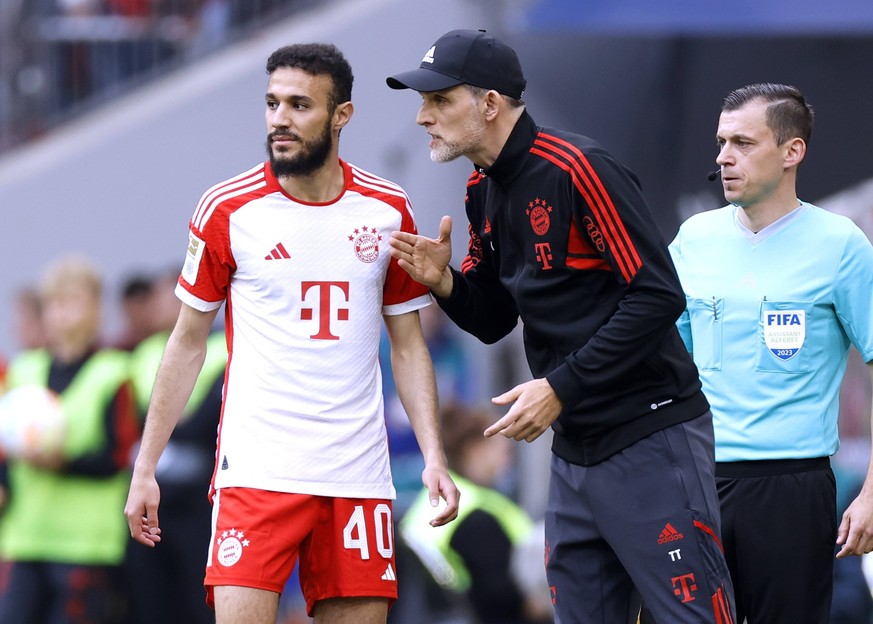 TUCHEL Thomas Trainer Team FC Bayern Muenchen mit MAZRAOUI Noussair neues FC Bayern Trikot Saison 2023-2024 Bundesliga DFL Saison 2022 - 2023 BL Spiel FC Bayern Muenchen - RB Leipzig 1 : 3 am 20. 05.  ...