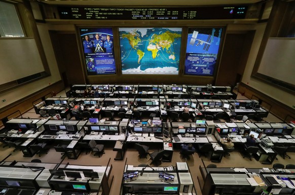 Photo of International Space Station (ISS) crew members Serena Aunon-Chancellor of the U.S., Alexander Gerst of Germany and Sergey Prokopyev of Russia is seen in the Russian Mission Control Center bef ...