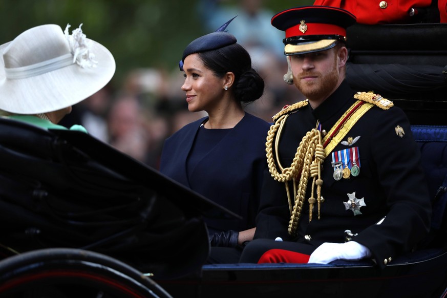 Meghan Markle (Duchess of Sussex) and Prince Harry (Duke of Sussex), pictured at the Trooping of the Colour 2019. Trooping the Colour marks the Queens official birthday and 1,400 soldiers, 200 horse a ...