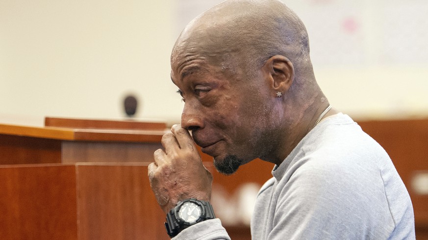 FILE - In this Aug. 10, 2018 file photo, Dewayne Johnson reacts after hearing the verdict in his case against Monsanto at the Superior Court of California in San Francisco. Jurors who found that agrib ...