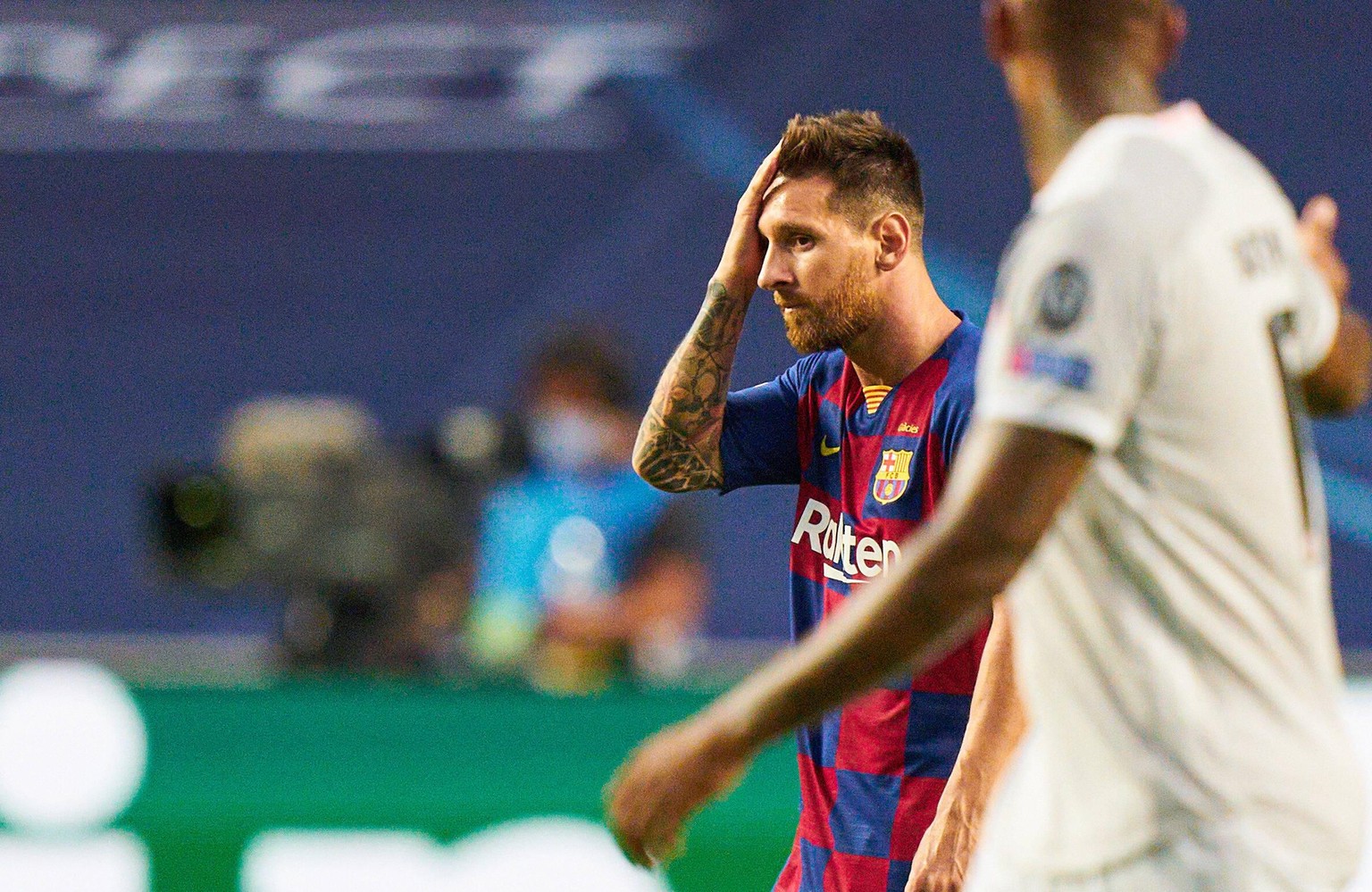 FC BAYERN MUENCHEN - FC Barcelona, Barca 8-2 , Football UEFA Champions League Lisbon, Lissabon, Portugal, 14th August 2020. Lionel MESSI, Barca 10 sad in the quarterfinal UEFA Champions League match f ...