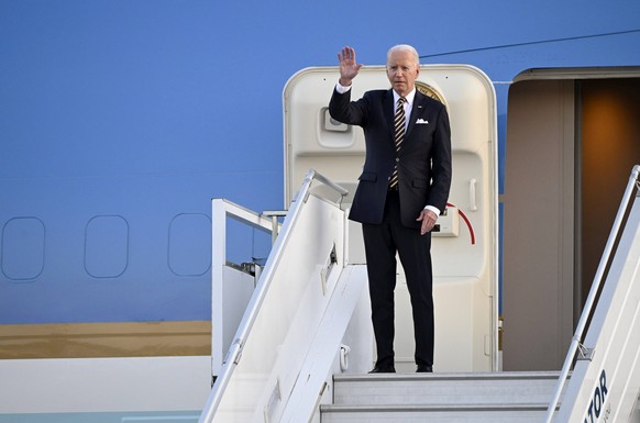 US President Joe Biden disembarks from Air Force One after landing at Helsinki-Vantaa airport in Vantaa, Finland on July 12, 2023. President of Finland Sauli Niinistö will host a visit of President of ...