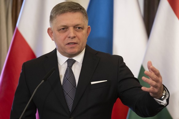 Slovak Prime Minister Robert Fico speaks during the press conference after meeting with other PM s from Visegrad Four V4 countries, in Prague, Czech Republic, on February 27, 2024. CTKxPhoto/OndrejxDe ...