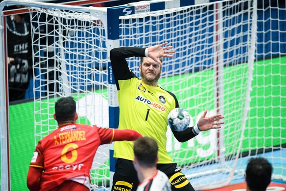 Johannes Bitter (in gelb) hält beim EM-Spiel gegen Spaniens Ángel Fernández