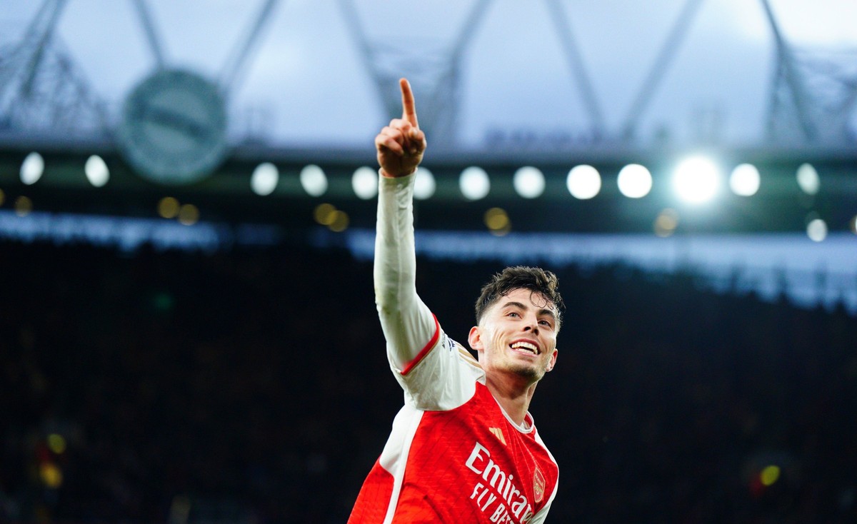 Kai Havertz of Arsenal celebrates scoring a goal after making it 2-0 Arsenal v Brighton &amp; Hove Albion, Premier League, Football, Emirates Stadium, London, UK - 17 Dec 2023 EDITORIAL USE ONLY No us ...