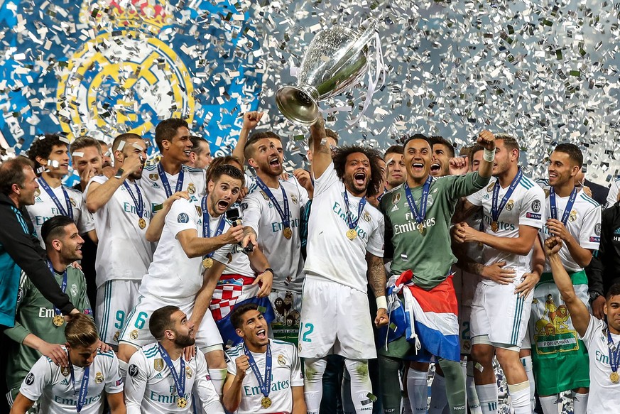 26th May 2018, Kiev Olympic Stadium, Kiev, Ukraine; UEFA Champions League Final, Real Madrid versus Liverpool; Marcelo of Real Madrid lifts the trophy to celebrate winning the final PUBLICATIONxINxGER ...