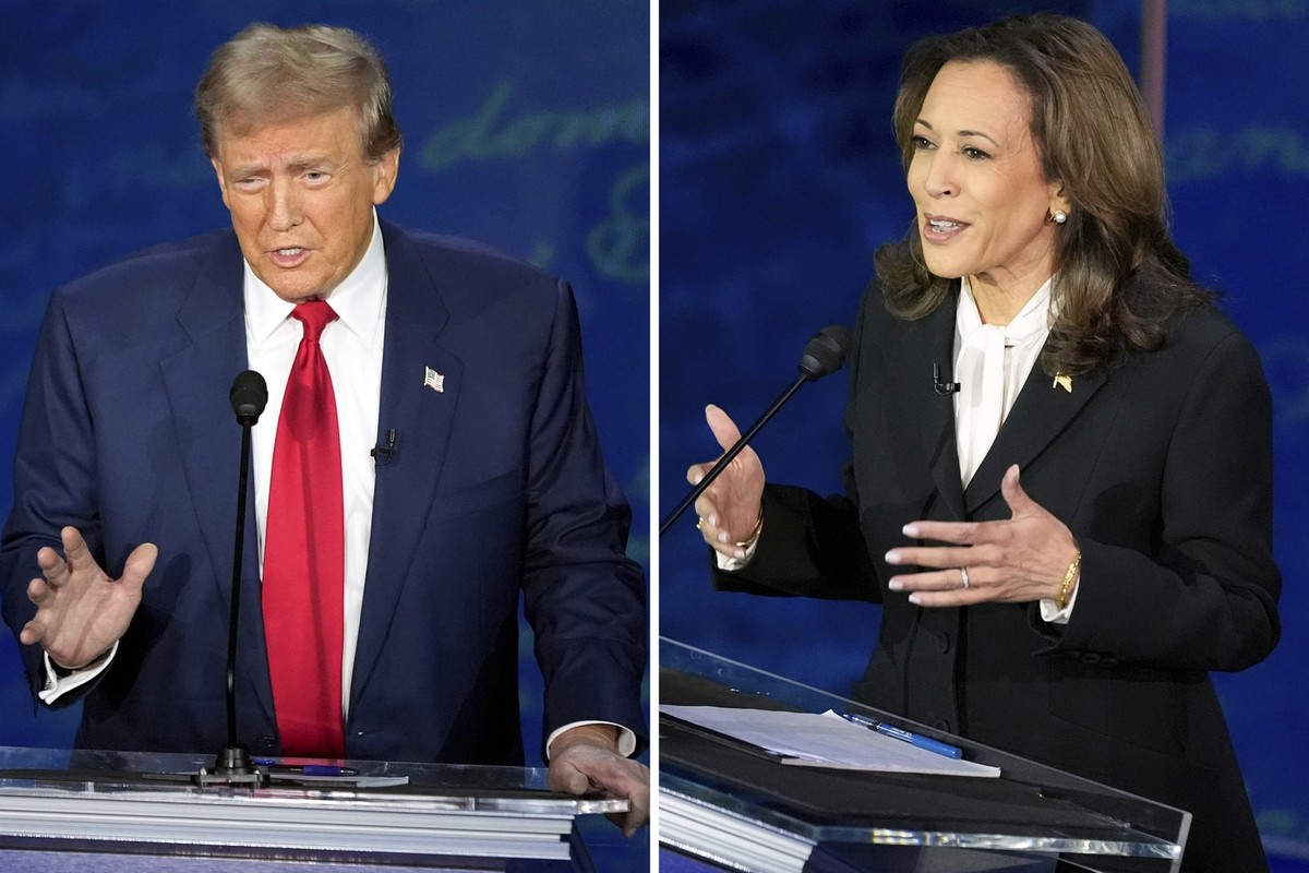 dpatopbilder - 10.09.2024, USA, Philadelphia: Diese Fotokombination zeigt den republikanischen Präsidentschaftskandidaten und ehemaligen US-Präsidenten Donald Trump (l) und die demokratische Präsident ...
