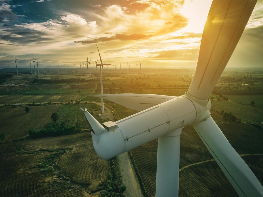 Wind turbine from aerial view. Sustainable development, environment friendly of wind turbine by giving renewable, sustainable, alternative energy.