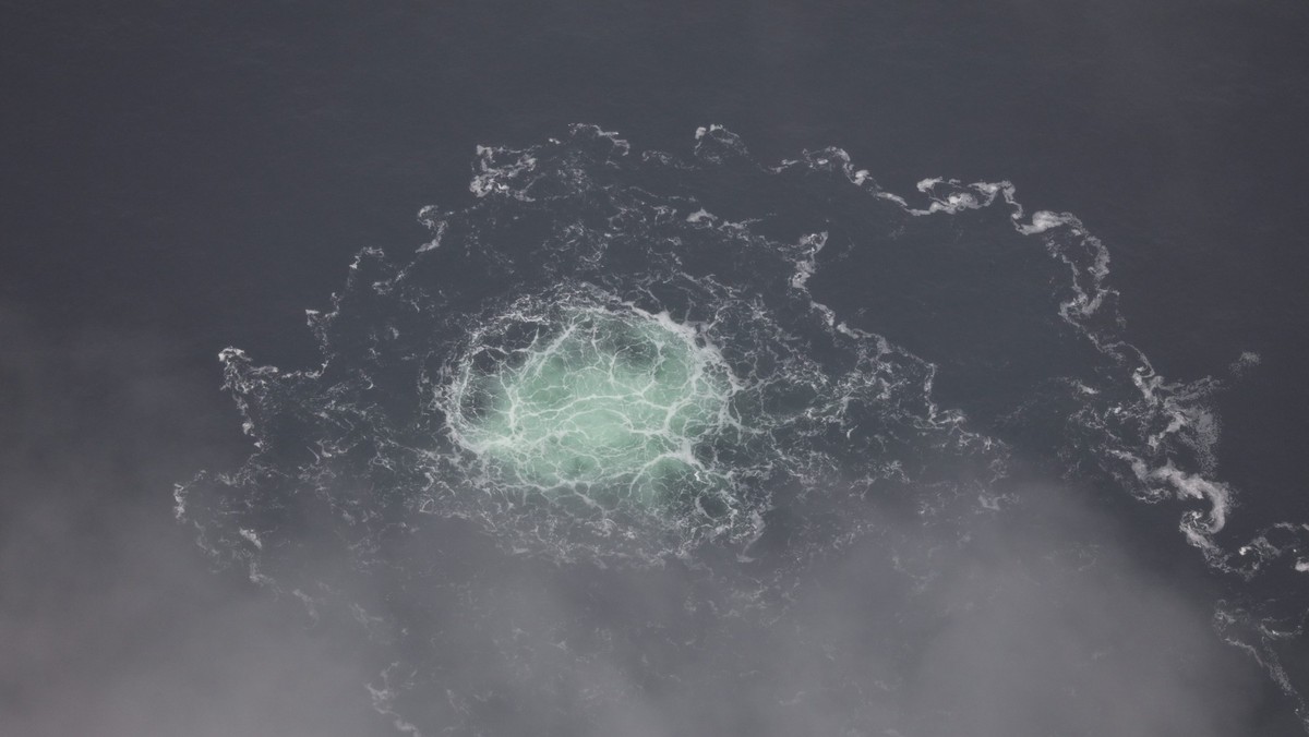 FILE - In this picture provided by Swedish Coast Guard, a small release from Nord Stream 2 is seen, Wednesday, Sept. 28, 2022. A fourth leak on the Nord Stream pipelines has been reported off southern ...