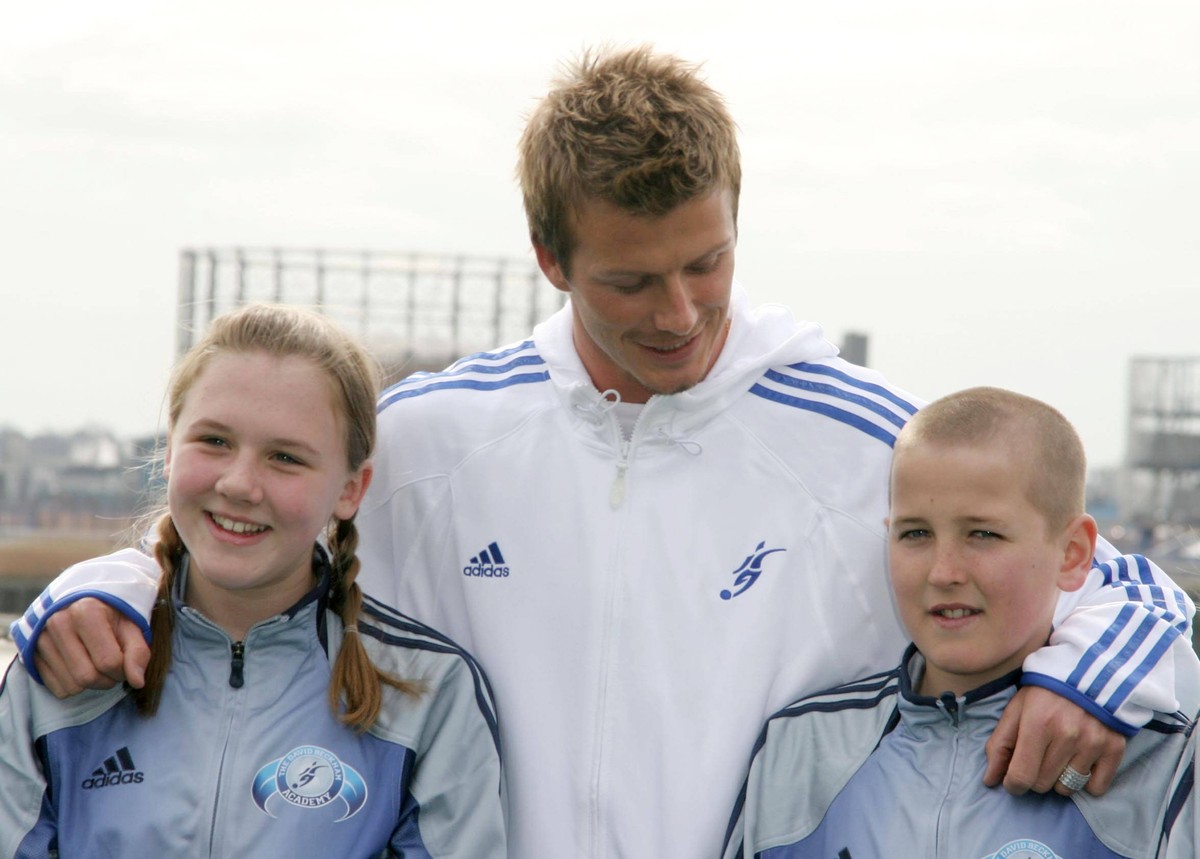 RECORD DATE NOT STATED NORESTRICTIONS David Beckham with a young Harry Kane and future wife Kate Goodland at the press conference to launch his first soccer academy for kids, The Chainstore, London -  ...