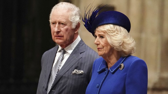 Britain&#039;s King Charles III and Camilla, the Queen Consort attend the annual Commonwealth Day Service at Westminster Abbey in London, Monday March 13, 2023. (Jordan Pettitt/Pool via AP)