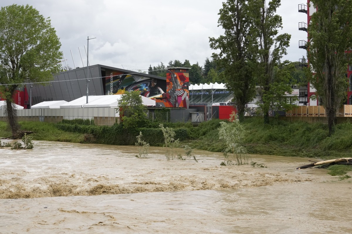 A view of the swollen Santerno River with behind the Enzo e Dino Ferrari circuit, in Imola, Italy, Wednesday, May 17, 2023. The weekend&#039;s Emilia-Romagna Grand Prix in Imola has been canceled beca ...