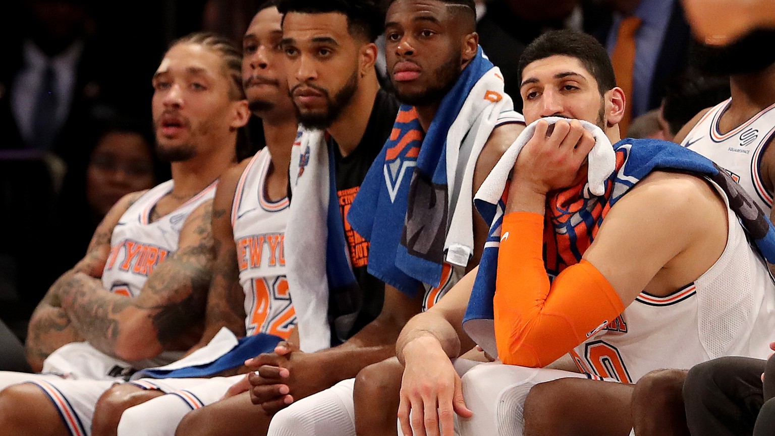 NEW YORK, NY - FEBRUARY 26: The New York Knicks bench reacts to the loss to the Golden State Warriors at Madison Square Garden on February 26, 2018 in New York City. NOTE TO USER: User expressly ackno ...