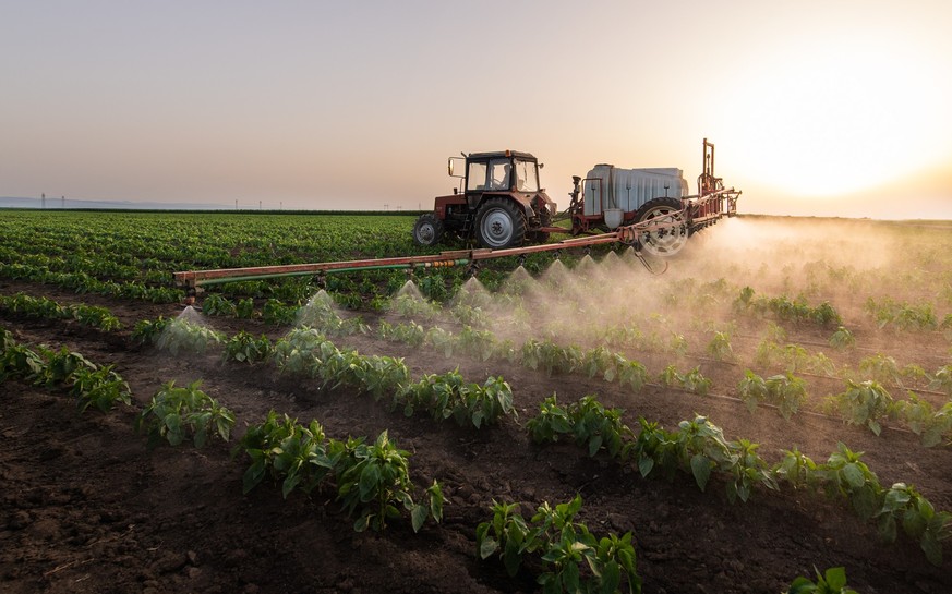 Tractor spraying pesticides on vegetable field with sprayer at spring