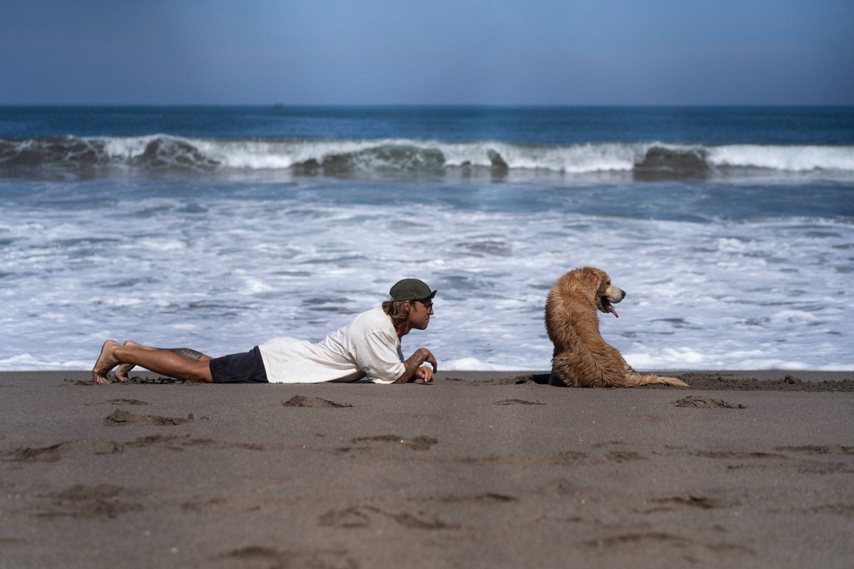 Man plays on the beach with retriever dog. Kuta, Bali, Indonesia CR_YUKI240715-1471773-01 ,model released, Symbolfoto