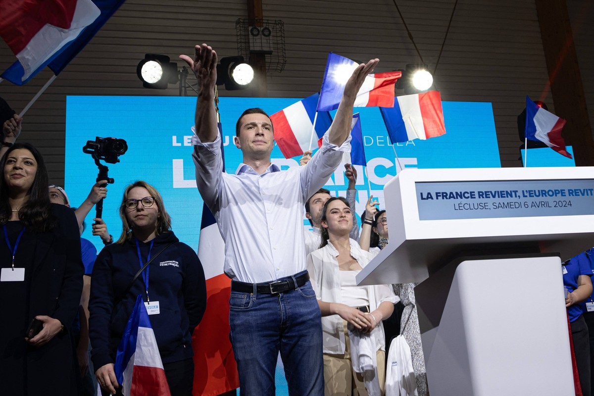 Jordan Bardella Meeting - Lecluse French far-right Rassemblement National RN party President and RN top candidate for the European elections Jordan Bardella speech during his meeting as part of the RN ...