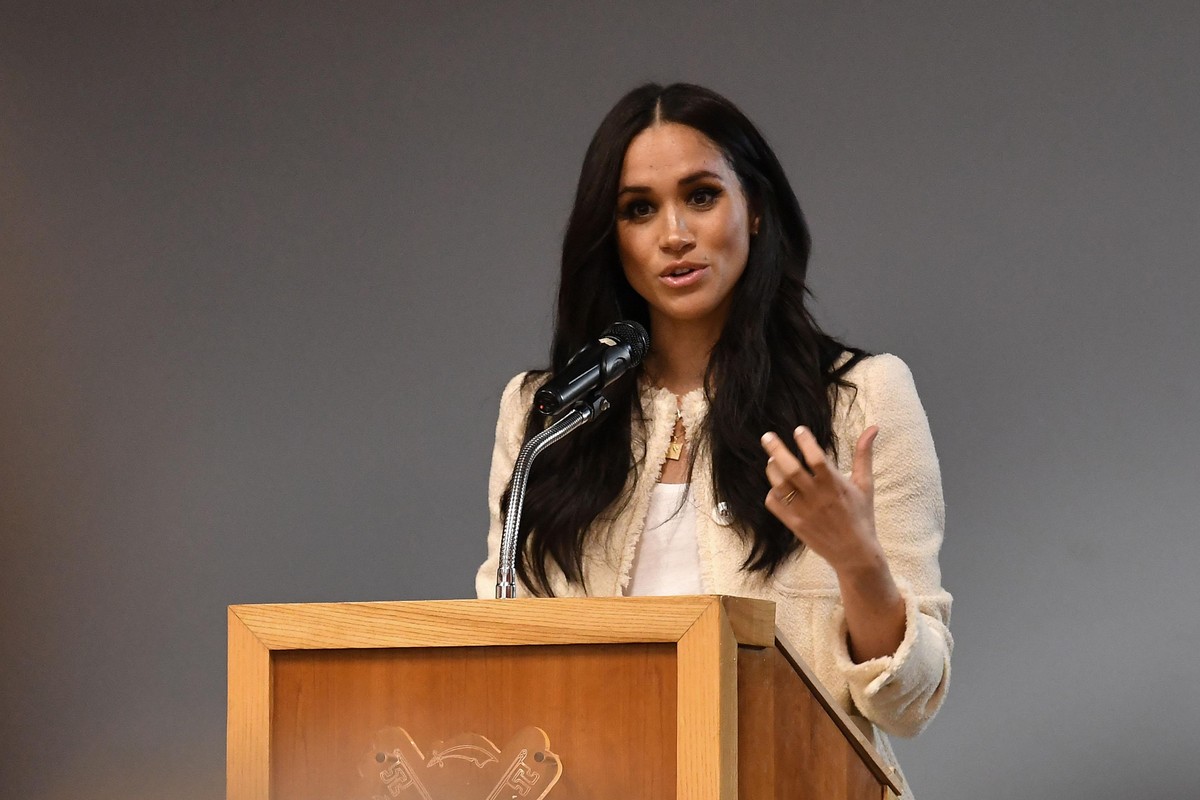 LONDON, ENGLAND - MARCH 06: Meghan, Duchess of Sussex speaks during a special school assembly at the Robert Clack Upper School in Dagenham ahead of International Women’s Day (IWD) held on Sunday 8th M ...