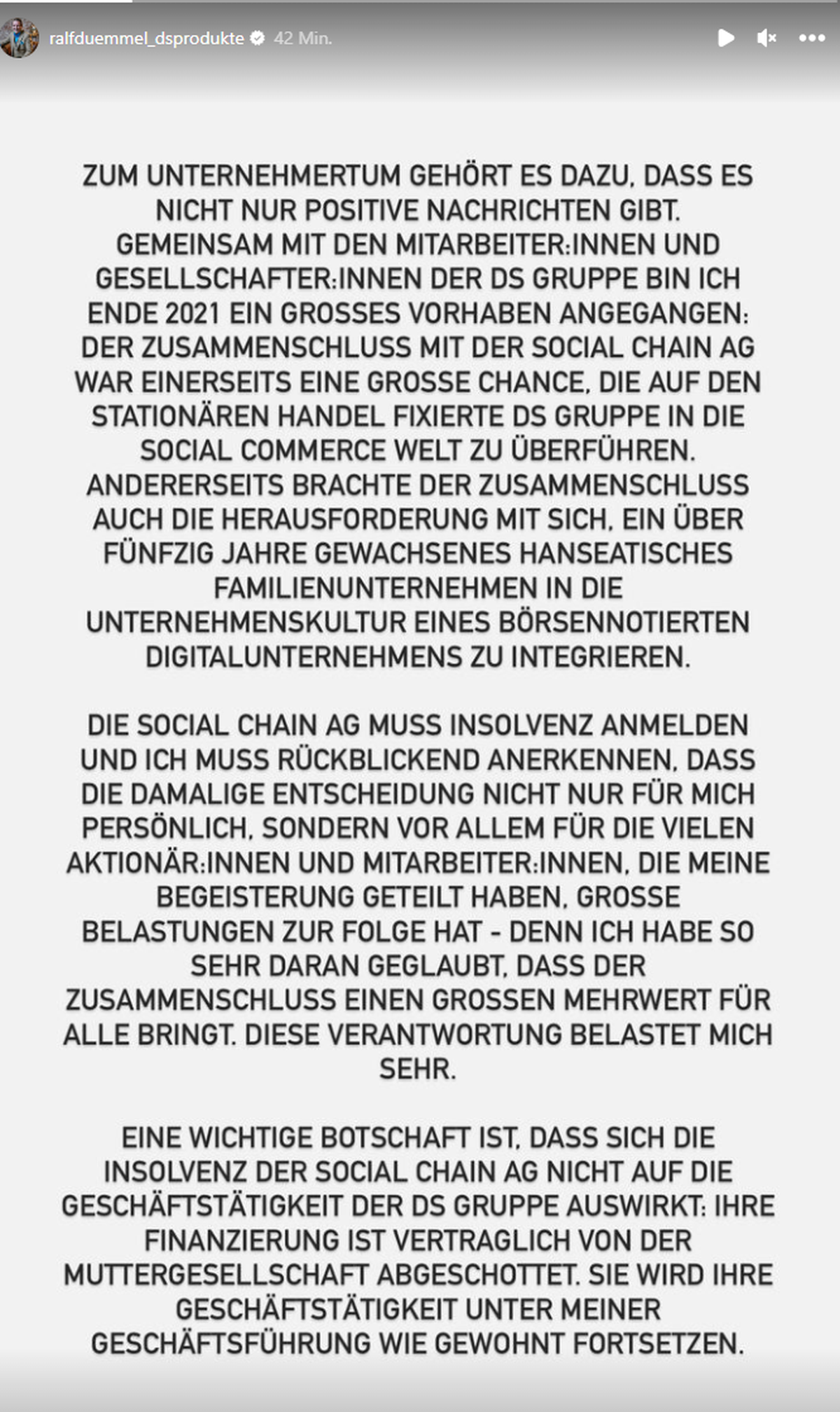 Mit diesem Statement erklärte Dümmel die Insolvenz.