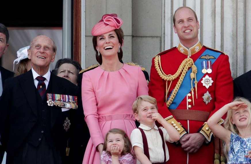 Royal platinum wedding anniversary. File photo dated 17/6/2017 of (left to right) the Prince of Wales, Princess Eugenie, Queen Elizabeth II, the Duke of Edinburgh, the Duchess of Cambridge, Princess C ...