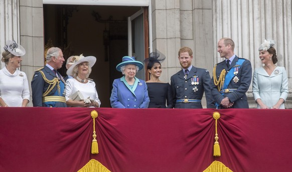 Duchess of Sussex video address. File photo dated 10/07/018 of (left to right) Countess of Wessex, Prince of Wales, the Duchess of Cornwall, Queen Elizabeth II, Duchess of Sussex, Duke of Sussex, Duke ...