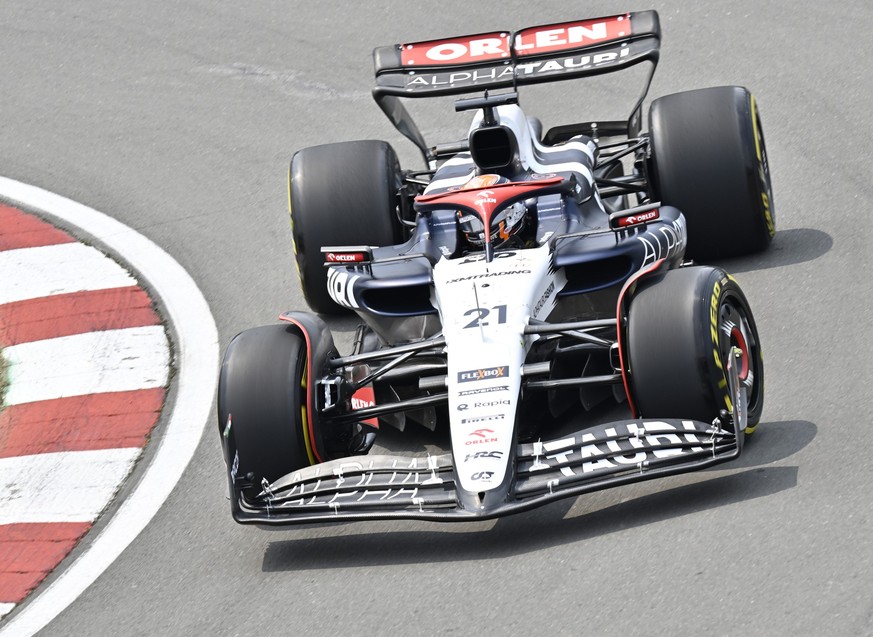 Scuderia AlphaTauri driver Nyck De Vries of the Netherlands steers his car at the hairpin during the first practice session, at the F1 Canadian Grand Prix auto race in Montreal, Friday, June 16, 2023. ...