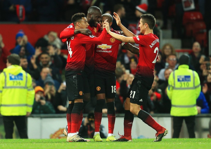 Manchester United ManU s Romelu Lukaku celebrates after scoring his teams fourth goal during the Premier League match at Old Trafford, Manchester. Picture date: 30th December 2018. Picture credit shou ...