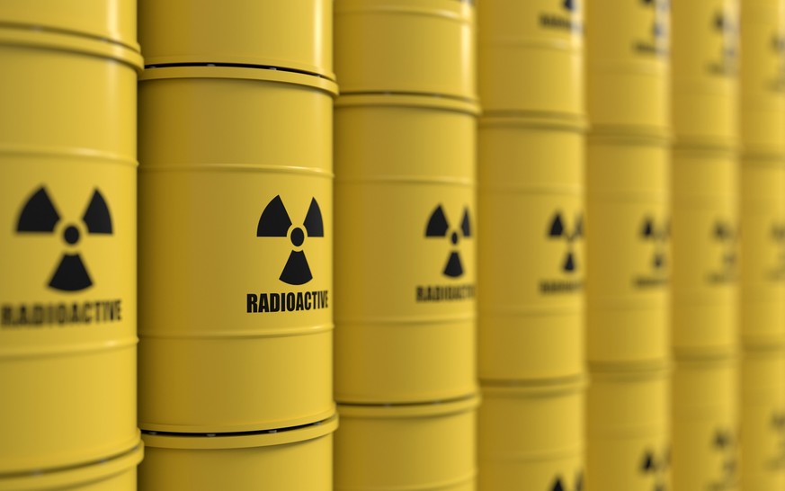 3D rendering of yellows barrels containing radioactive material