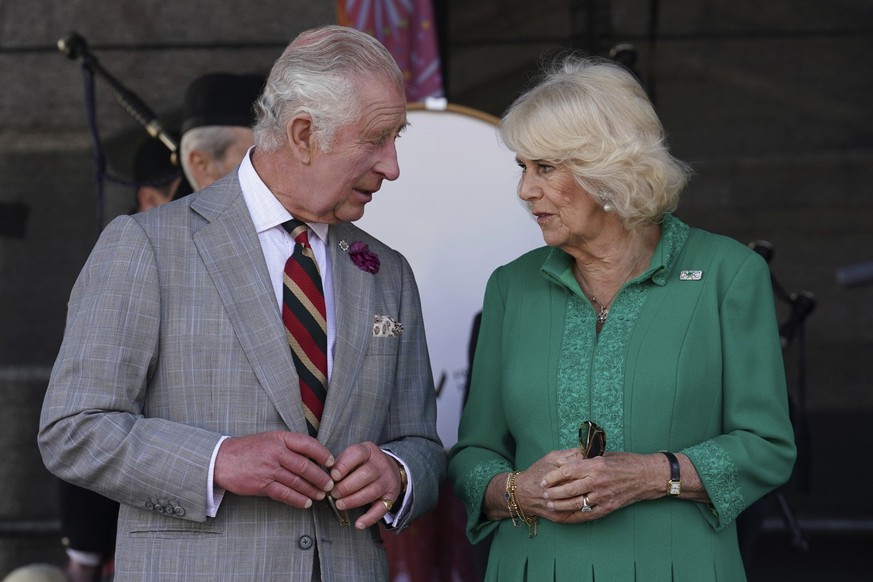 Britain &#039;s King Charles III and Queen Camilla visit Market Theatre Square in Armagh, Northern Ireland, as part of a two day visit to Northern Ireland, Thursday May 25, 2023. (Brian Lawless/Pool v ...