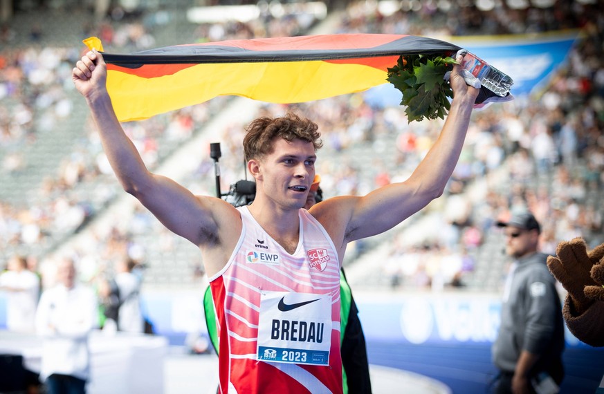 ISTAF 2023 Berlin, 03.09.2023 Jean Paul BREDAU GER freut sich ueber den 400m-Sieg bei den Maennern ISTAF Berlin am 03.09.2023 im Olympiastadion in Berlin Deutschland. *** ISTAF 2023 Berlin, 03 09 2023 ...