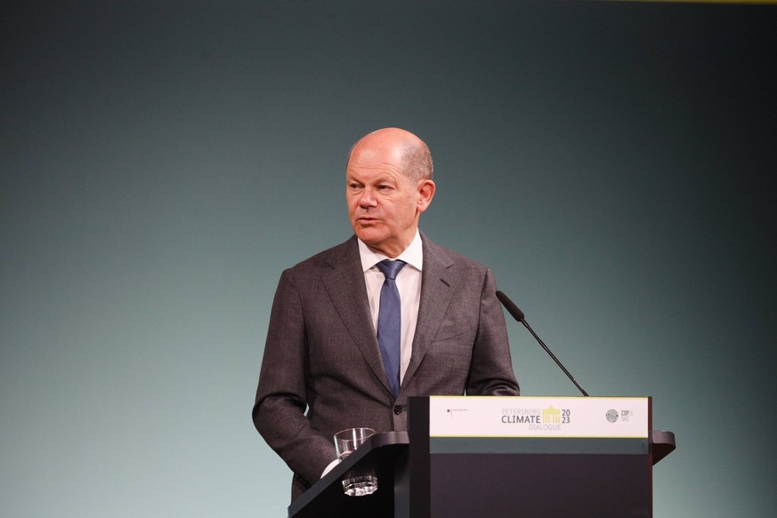 Petersberg Climate Dialogue Convenes In Berlin German Chancellor Olaf Scholz speaks to the media on the second day of the Petersberg Climate Dialogue on May 3, 2023 in Berlin, Germany. Berlin Germany  ...