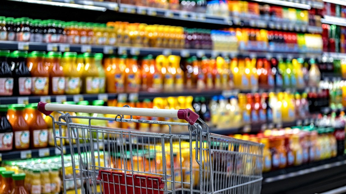 A shopping cart by a store shelf in a supermarket, A shopping cart by a store shelf in a supermarket, A shopping cart by a store shelf in a supermarket, 07.04.2024, Copyright: xmonticellox Panthermedi ...