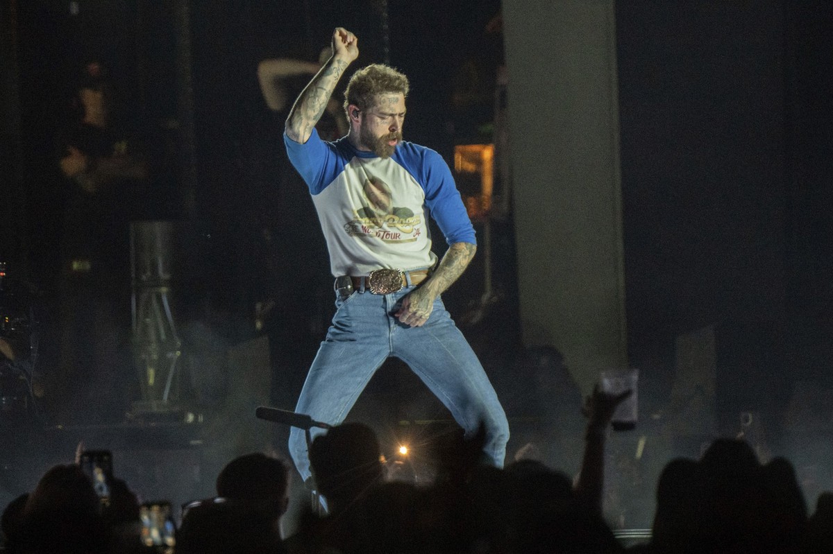 Post Malone performs during the The BIG ASS Stadium Tour on Sunday, May 11, 2025, at Mercedes-Benz Stadium in Atlanta. (Photo by Paul R. Giunta/Invision/AP)