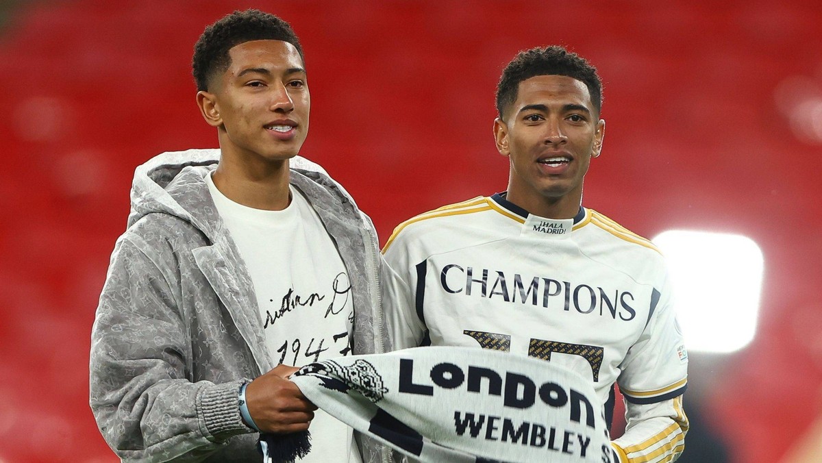 Jude Bellingham of Real Madrid celebrates with brother Jobe at full time Borussia Dortmund v Real Madrid, UEFA Champions League, Final, Football, Wembley Stadium, London, UK - 01 June 2024 EDITORIAL U ...