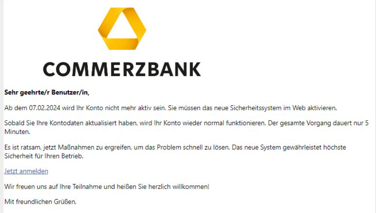 Mit dem tatsächlichen Logo der Commerzbank versuchen Betrüger:innen aktuell, Bankkund:innen zu täuschen.