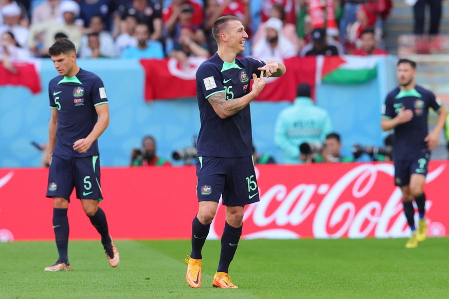 Mitchell Duke of Australia celebrates scoring a goal during the FIFA World Cup, WM, Weltmeisterschaft, Fussball Qatar 2022 Group D match between Tunisia and Australia at Al Wakrah Sports Club, Al Wakr ...