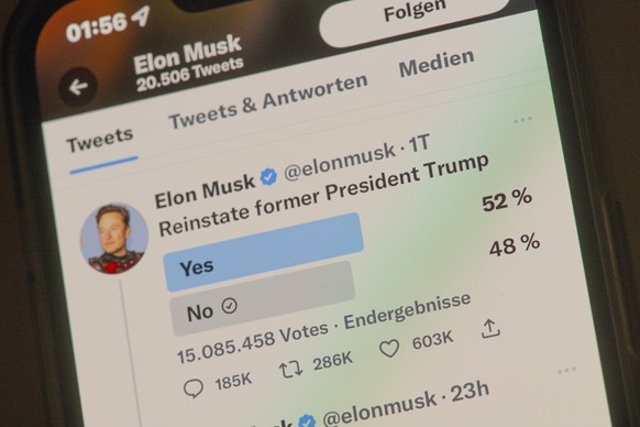 Mehrheit f�r die R�ckkehr Trumps auf Twitter, Elon Musk hatte Umfrage gestartet, 20. November 2022 Deutschland, 20. November 2022, Trump kehrt auf Twitter zur�ck, Mehrheit f�r Trumps R�ckkehr auf die  ...