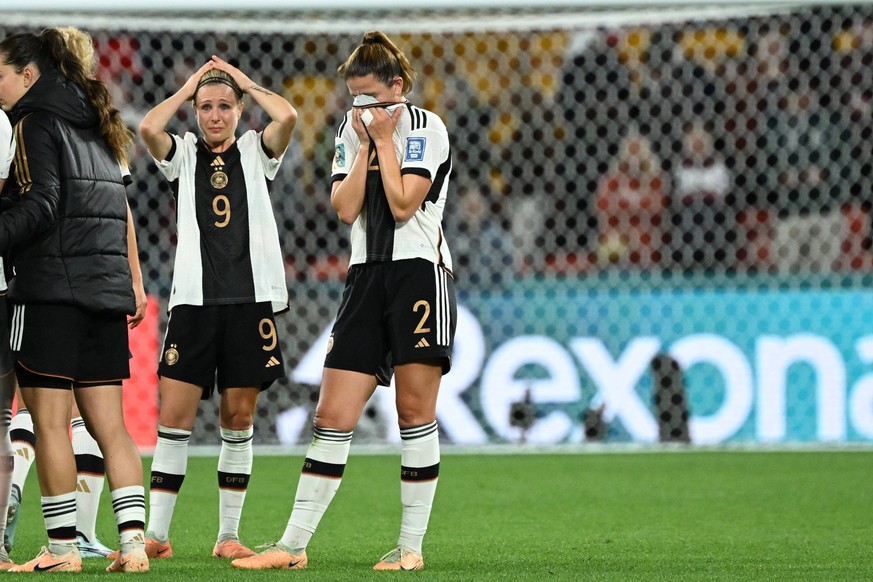 WWC23 KOREA GERMANY, Svenja Huth and Chantal Hagel of Germany react following their 1 all draw eliminating Germany from the Womens World Cup during the FIFA Women s World Cup 2023 soccer match between ...