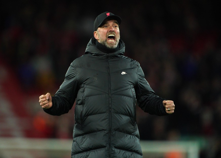 Premier League 21/22 Package File photo dated 05-03-2022 of Liverpool manager Jurgen Klopp celebrates. Liverpool manager Jurgen Klopp was roaring his side on from the touchline. Issue date: Friday May ...