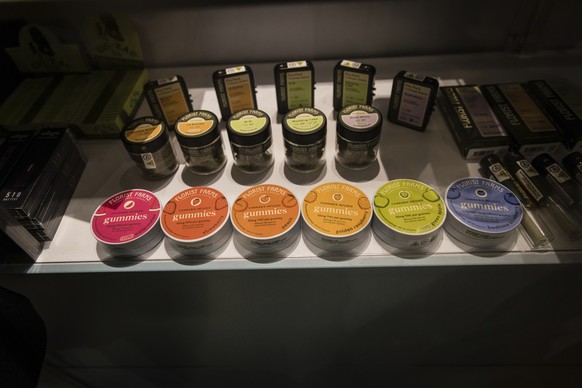 Cannabis gummies in a display cabinet at the Housing Works Cannabis Co., New York&#039;s first legal cannabis dispensary at 750 Broadway in Noho on Thursday, Dec. 29, 2022, in New York. (AP Photo/Stef ...