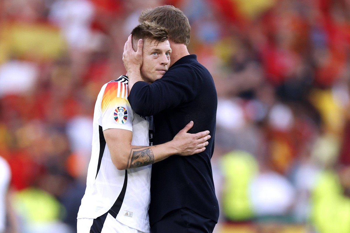 NAGELSMANN Julian Trainer Team Deutschland nach dem Spiel mit KROOS Toni UEFA Fussball EURO 2024 in Deutschland Viertelfinale Spanien - Deutschland 2 : 1 am 05.07.2024 in Stuttgart DFL REGULATIONS PRO ...