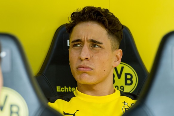 DORTMUND, GERMANY - MAY 06: Emre Mor of Dortmund looks on during the Bundesliga match between Borussia Dortmund and TSG 1899 Hoffenheim at Signal Iduna Park on May 6, 2017 in Dortmund, Germany. (Photo ...