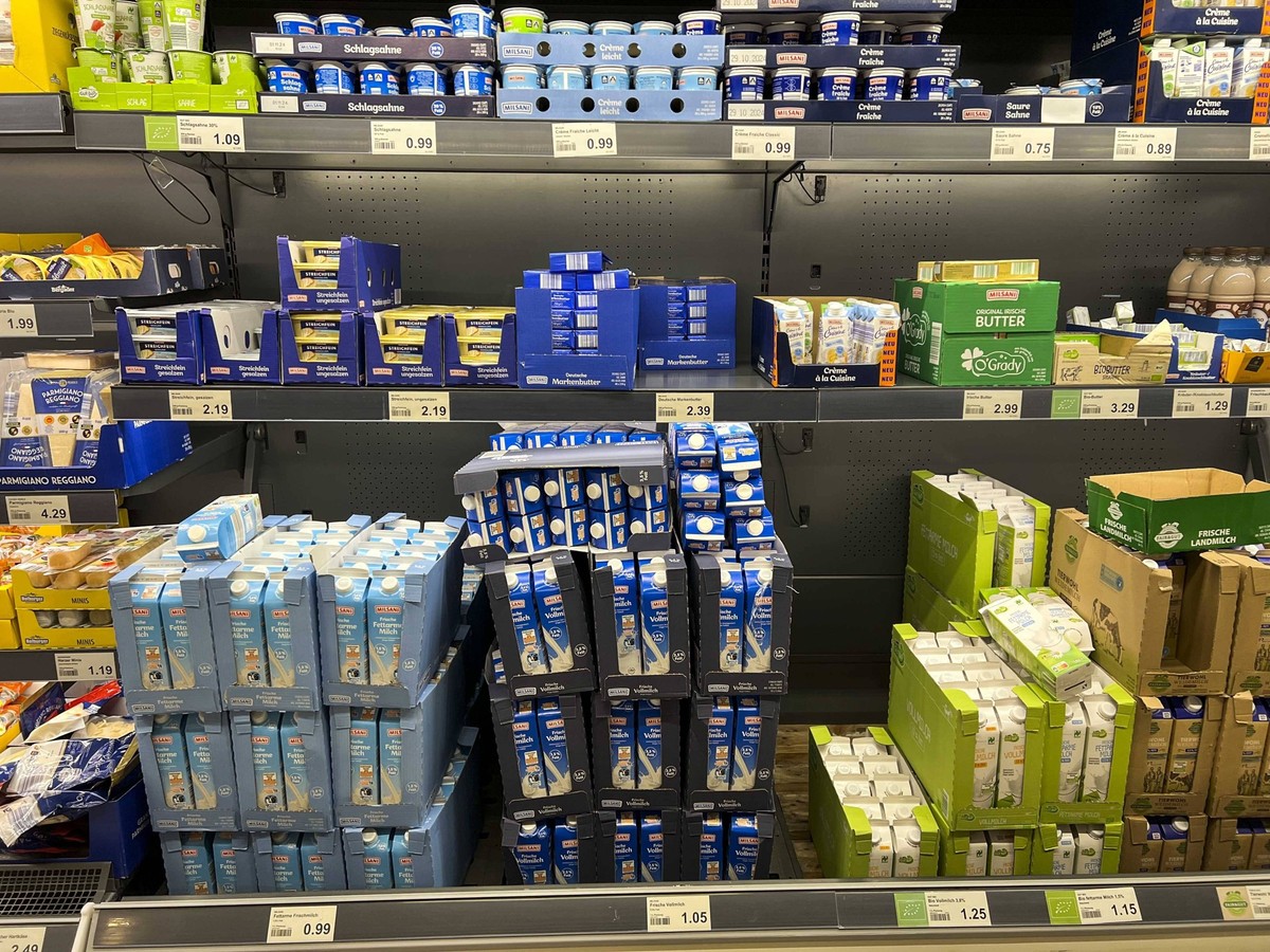 SYMBOLBILD-LEBENSMITTEL-MILCH IM REGAL Blick in ein gut gefueltes Regal mit verschiedene Sorten Butter und Milch Vollmilch Fettarme Frischmilch im Tetra Pack Milchprodukte Uebersicht im Supermarkt Sel ...
