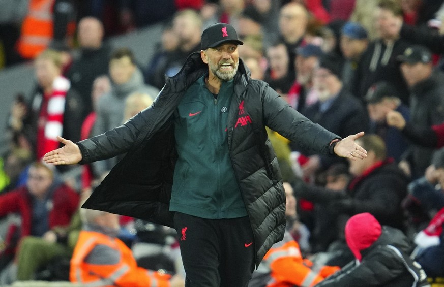 Liverpool&#039;s manager Jurgen Klopp reacts during the English Premier League soccer match between Liverpool and Manchester City at Anfield stadium in Liverpool, Sunday, Oct. 16, 2022. (AP Photo/Jon  ...